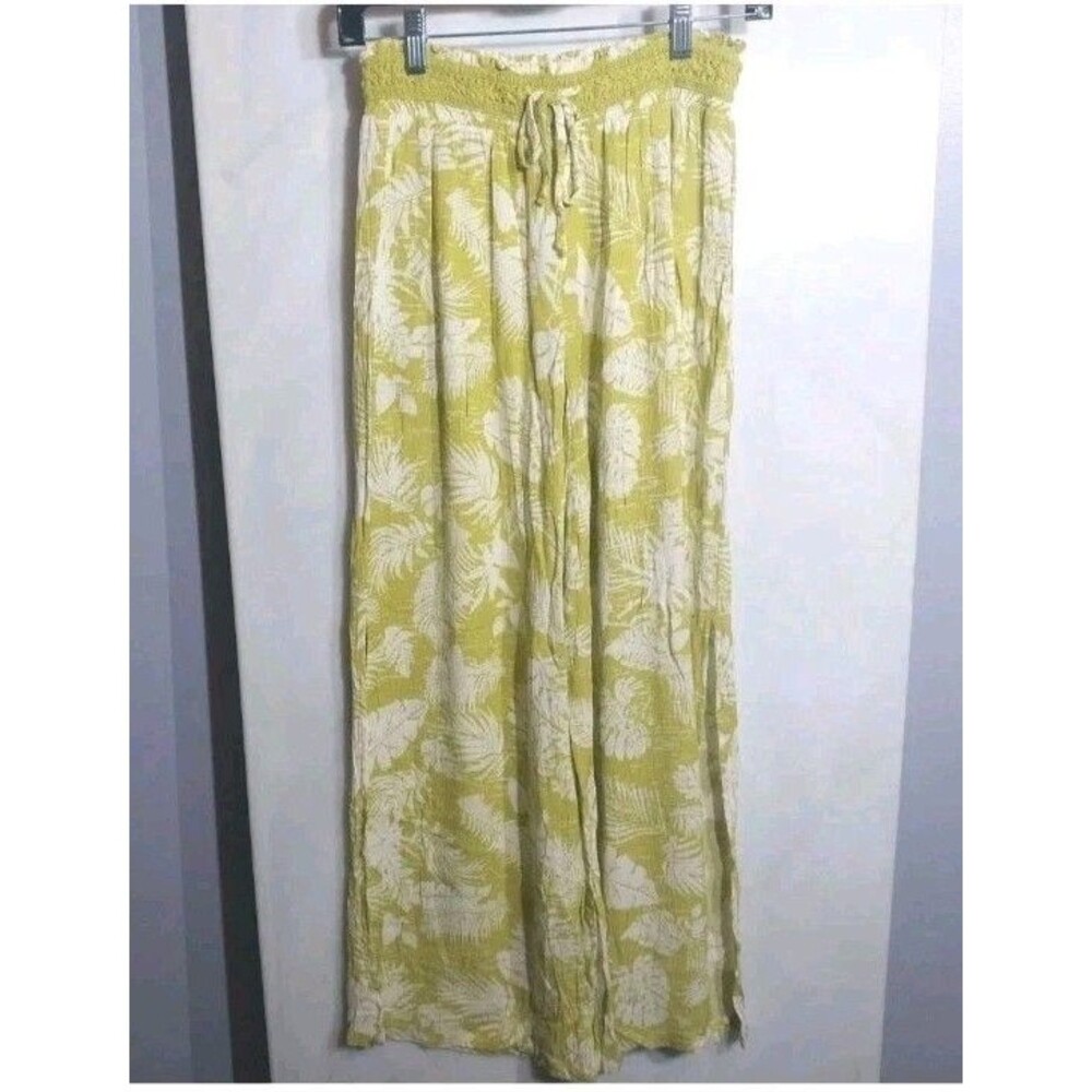 Mudd Wide Leg Palazzo Pants Womens S Green Tropical Crinkle Rayon Slit Leg Beach